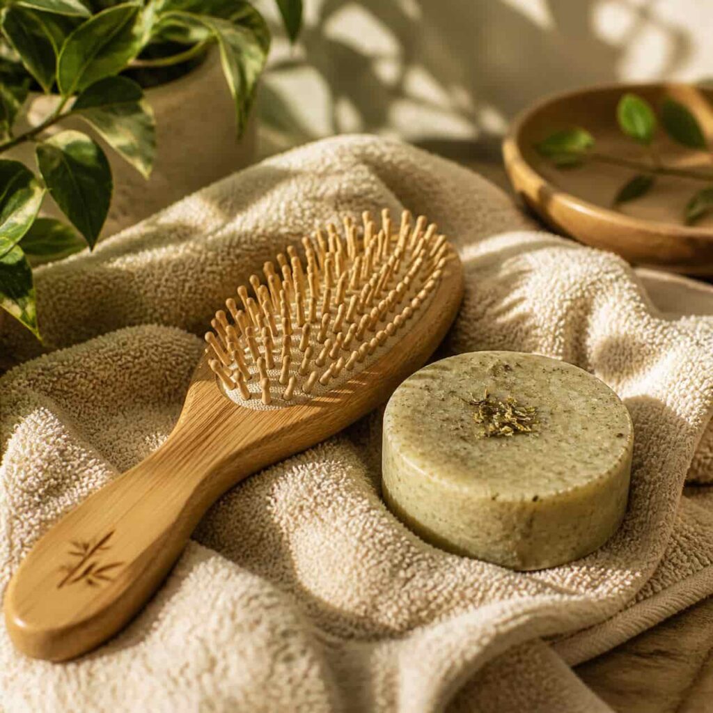 Bamboo hair brush, shampoo bar, and reusable towel for an eco-friendly hair care