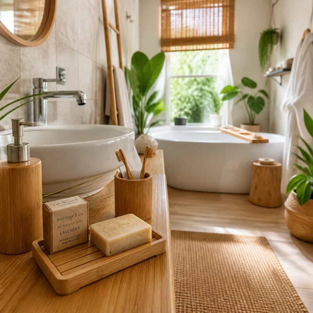 Sustainable bathroom with environmentally friendly shampoo and reusable accessories.