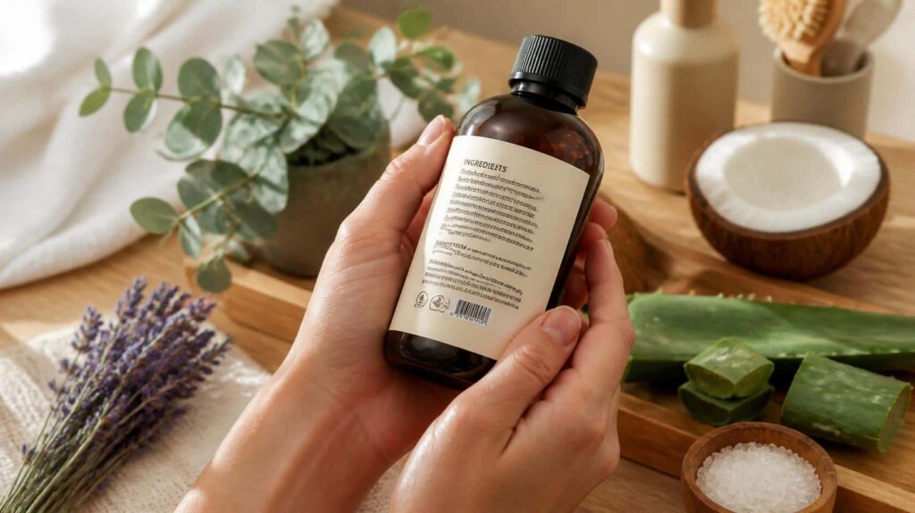 person reading shampoo ingredient label to choose eco-friendly natural shampoo