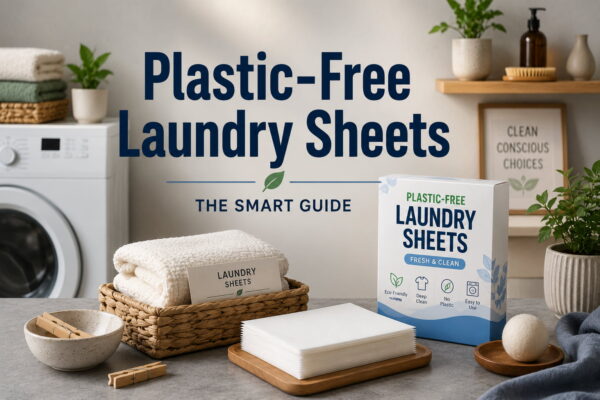 Plastic-Free Laundry Sheets displayed with reusable laundry essentials in a modern eco-friendly laundry room.