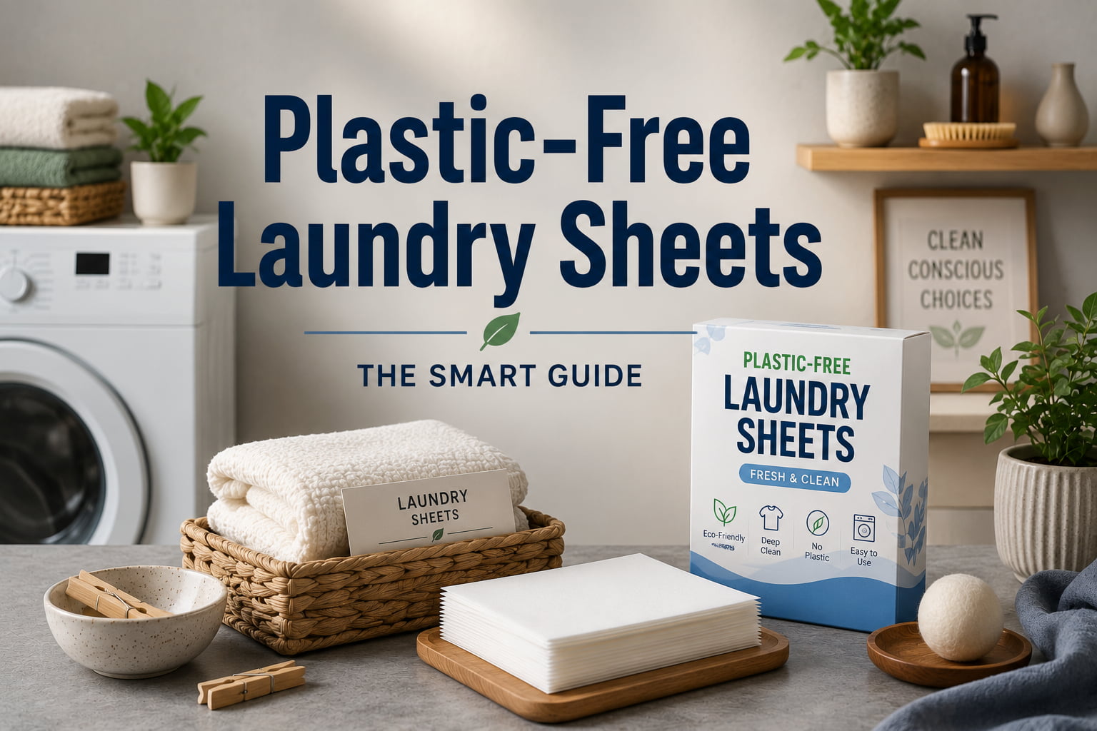 Plastic-Free Laundry Sheets displayed with reusable laundry essentials in a modern eco-friendly laundry room.