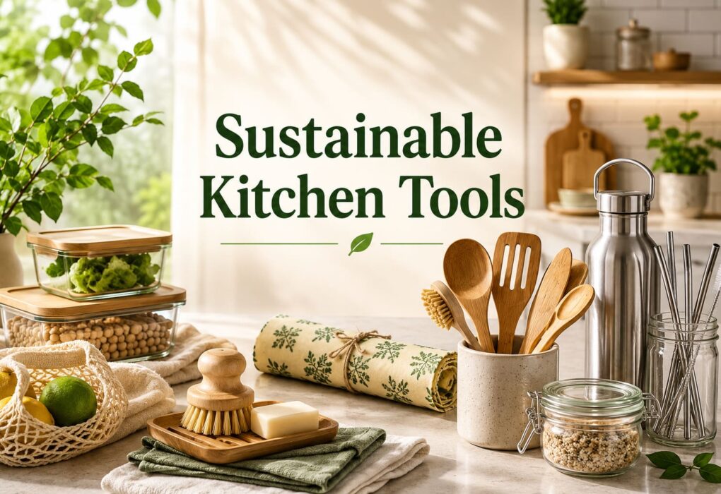 Sustainable kitchen tools including bamboo utensils, glass containers, and reusable eco-friendly kitchen essentials.