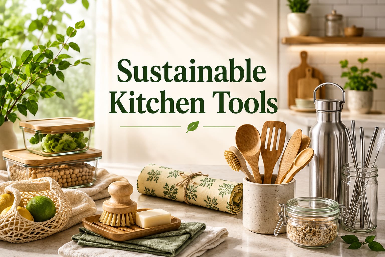 Sustainable kitchen tools including bamboo utensils, glass containers, and reusable eco-friendly kitchen essentials.