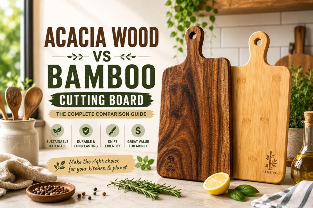 Acacia wood vs bamboo cutting board side by side in a modern eco-friendly kitchen