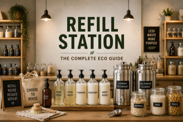 Refill station with reusable containers for sustainable zero-waste shopping