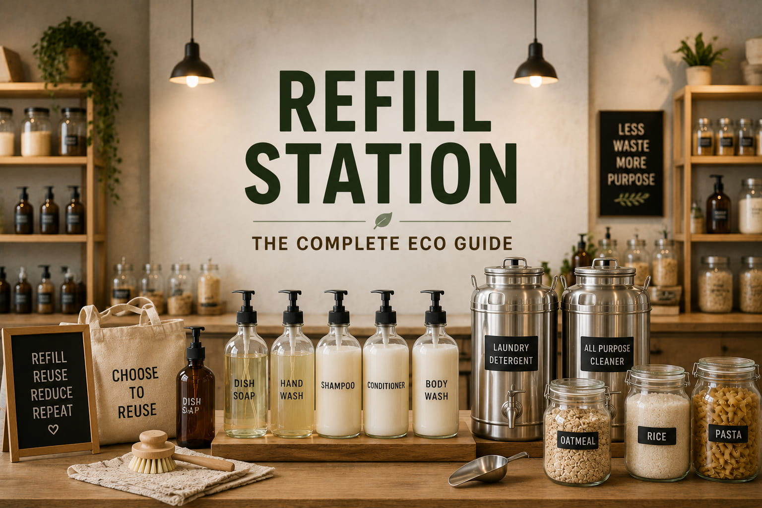 Refill station with reusable containers for sustainable zero-waste shopping