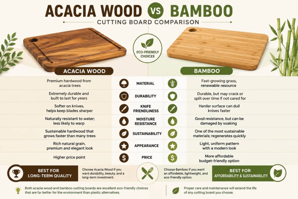 Acacia wood vs bamboo cutting board comparison showing durability, sustainability, knife-friendliness, moisture resistance, and price differences.