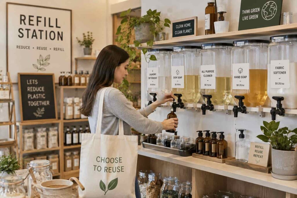 Customer refilling eco-friendly household products at a refill station