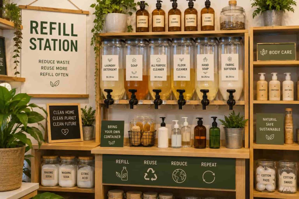 Refill station with eco-friendly cleaning and personal care products