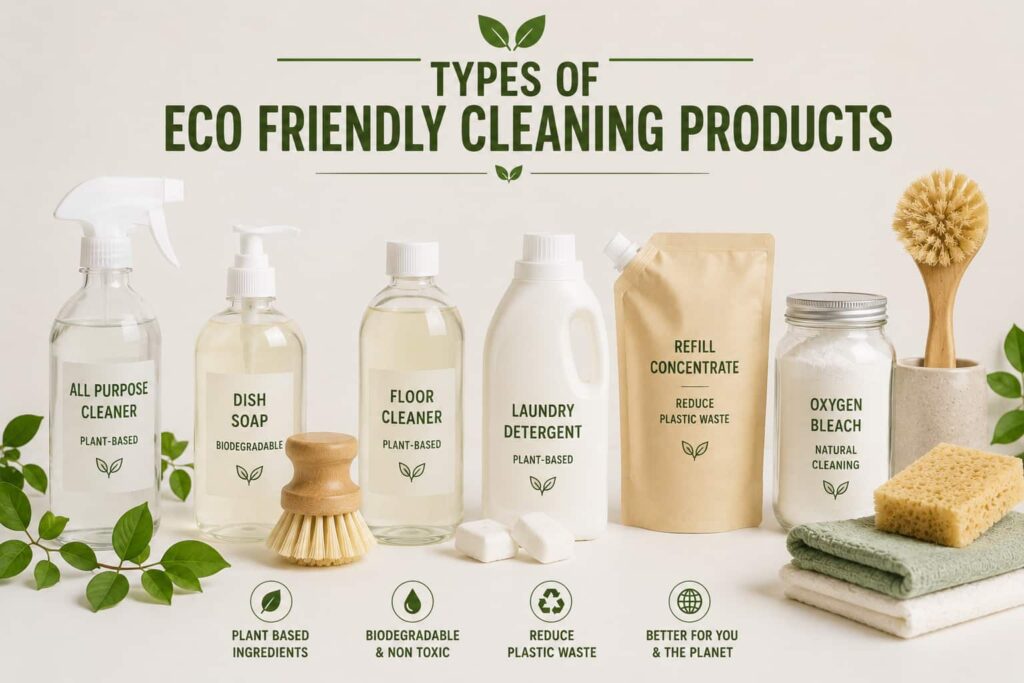 Types of eco friendly cleaning products including refillable bottles, bamboo brushes, and natural cleaners