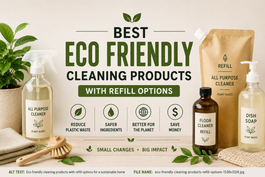 Eco friendly cleaning products including refill bottles, natural cleaners, reusable spray bottles, and sustainable household supplies