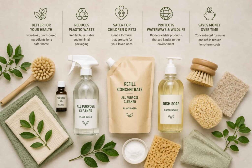 Benefits of eco-friendly cleaning products including refillable bottles, bamboo brushes, reusable cloths, and biodegradable cleaners.