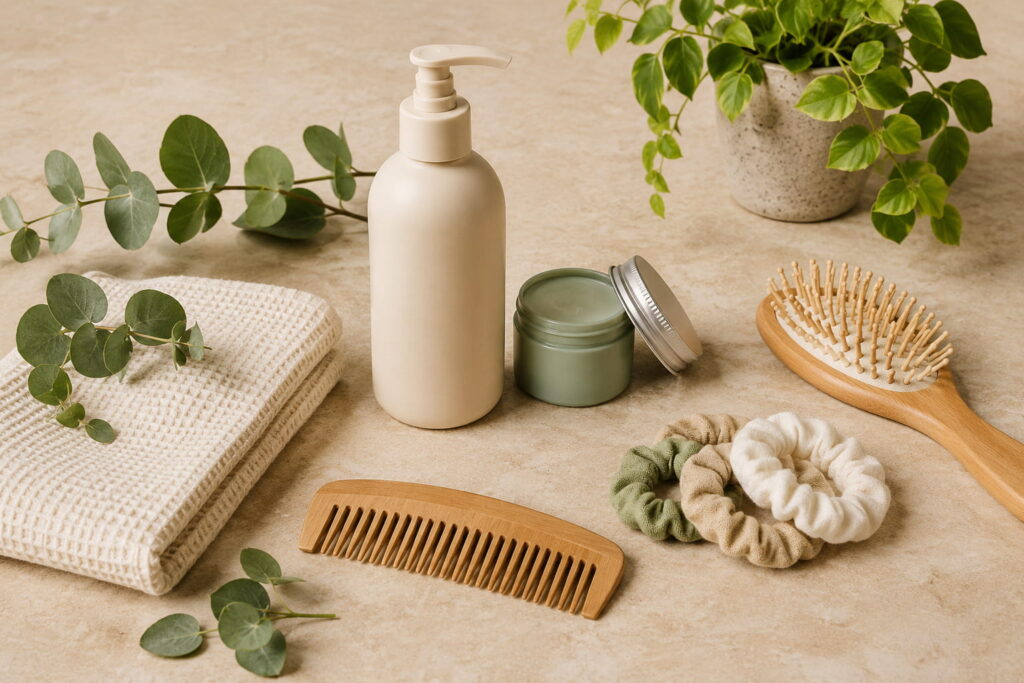 Eco-friendly hair care routine with sustainable products and reusable tools