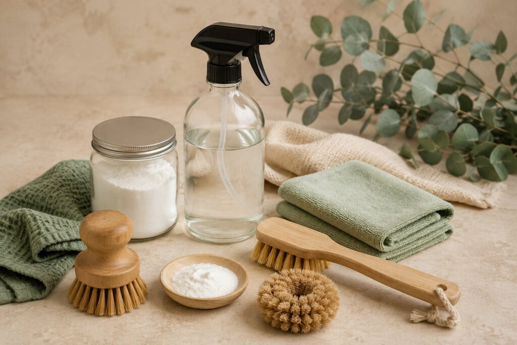 Eco-friendly home cleaning products and reusable cleaning tools