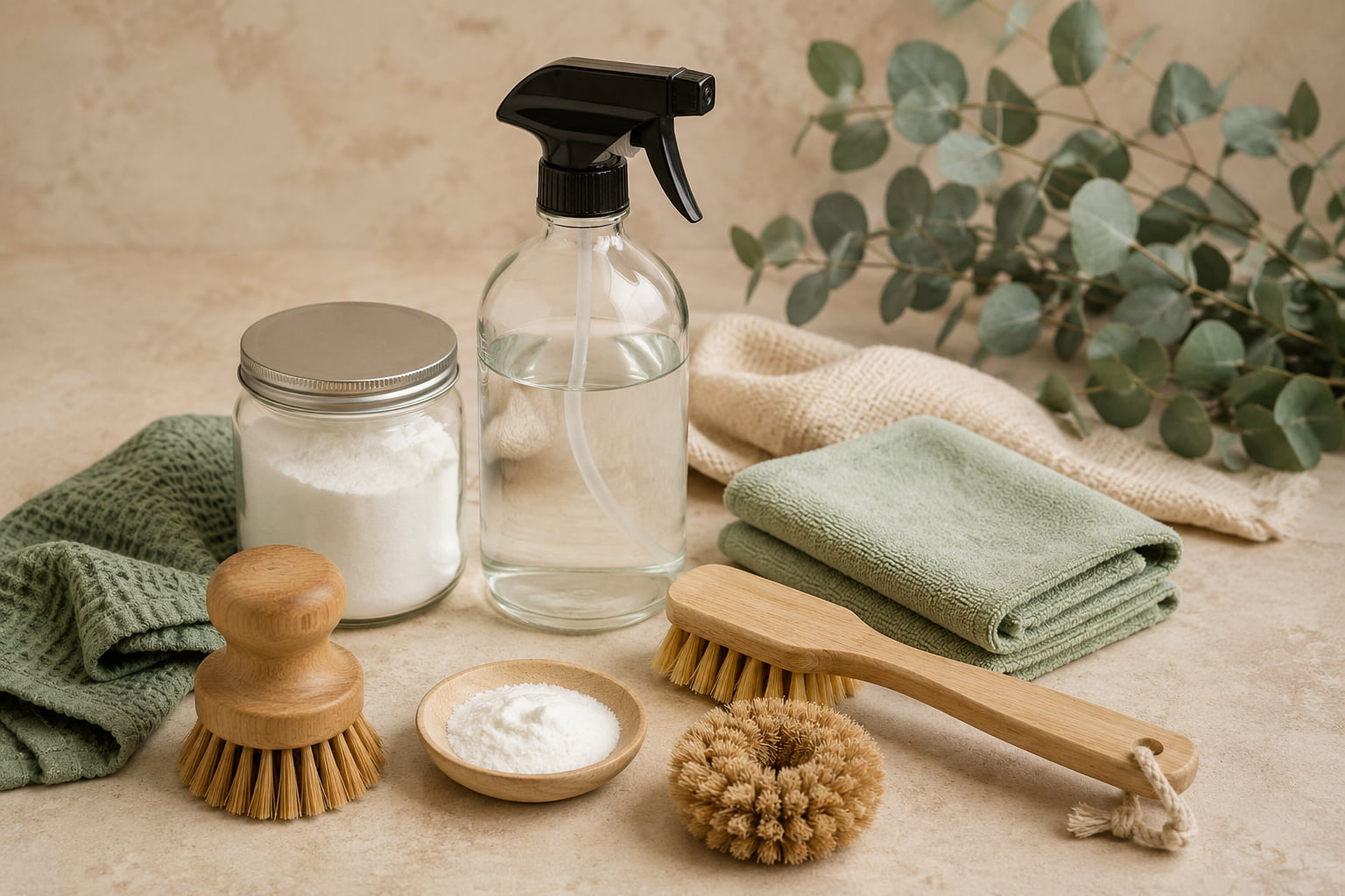 Eco-friendly home cleaning products and reusable cleaning tools