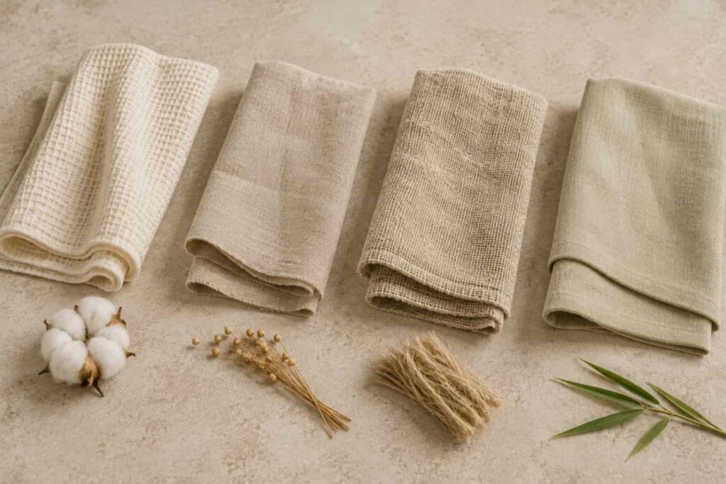 Natural materials used for eco-friendly kitchen towels include cotton, linen, hemp, and bamboo fabric
