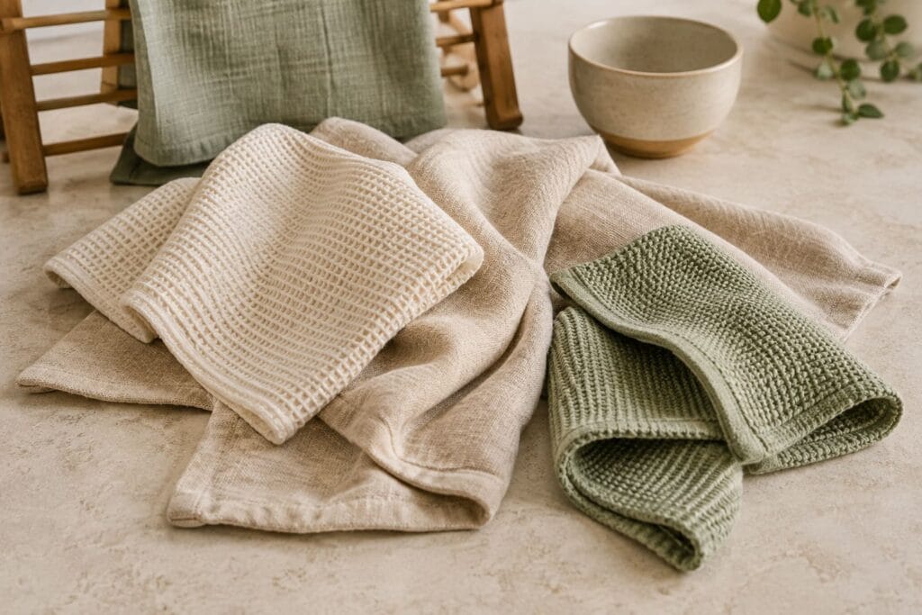 Eco-friendly kitchen towels made from reusable cotton and linen