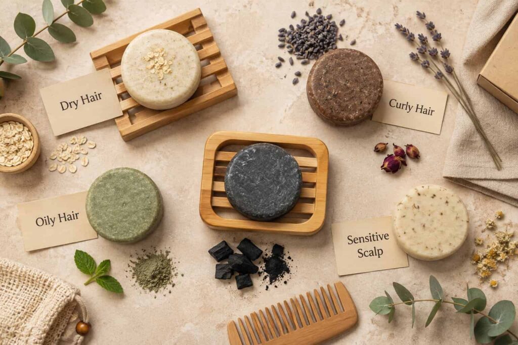 Eco-friendly shampoo bars for different hair types with sustainable hair care accessories