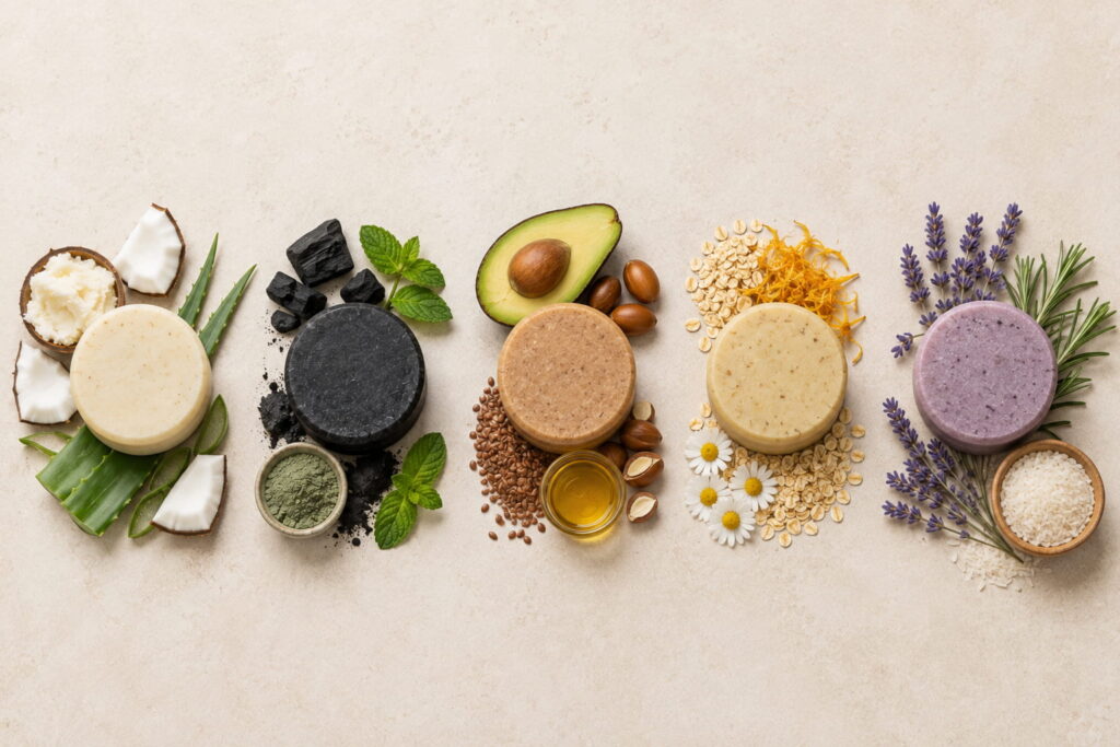 Eco-friendly shampoo bars for different hair types with natural ingredients