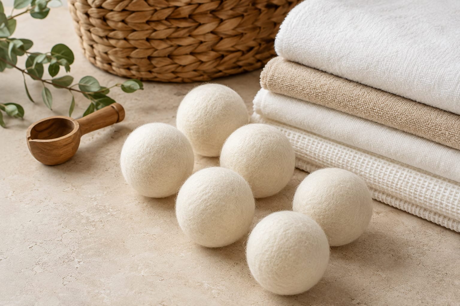 Eco-friendly wool dryer balls with reusable laundry towels