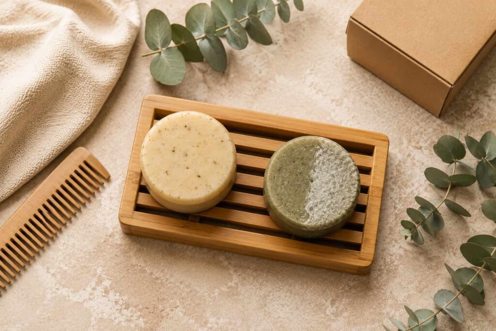 Proper storage of eco-friendly shampoo bars on a bamboo soap dish
