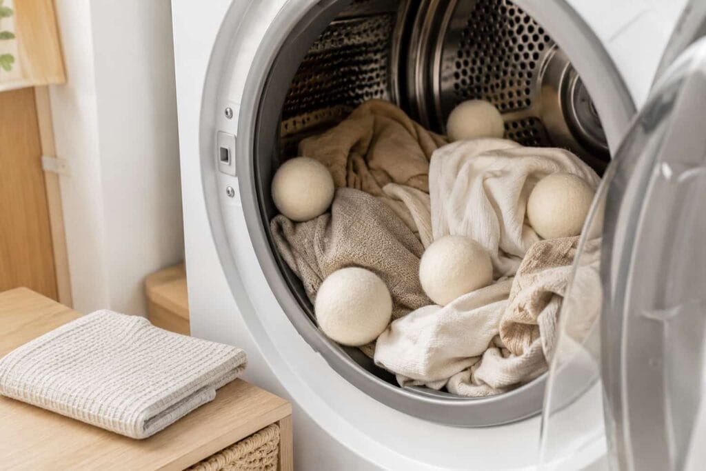 Eco-friendly wool dryer balls used in a tumble dryer