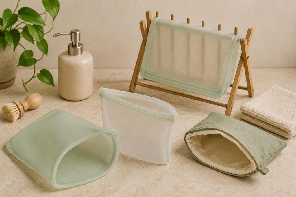 Reusable food storage bags are being cleaned and dried