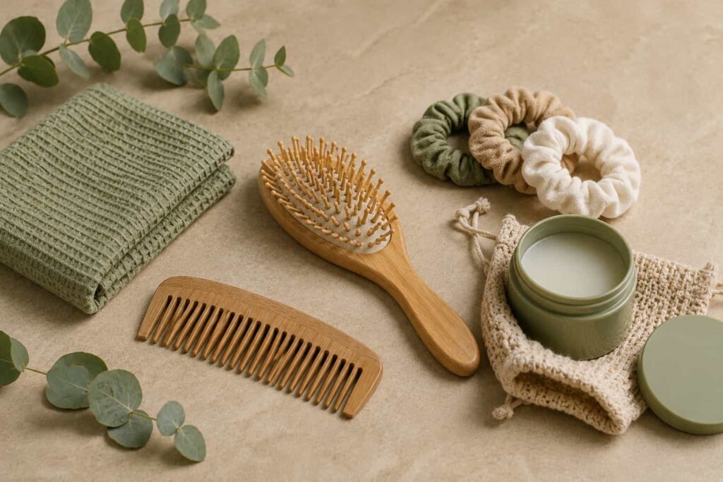 Sustainable hair care tools, including a wooden comb, hair brush, and reusable accessories