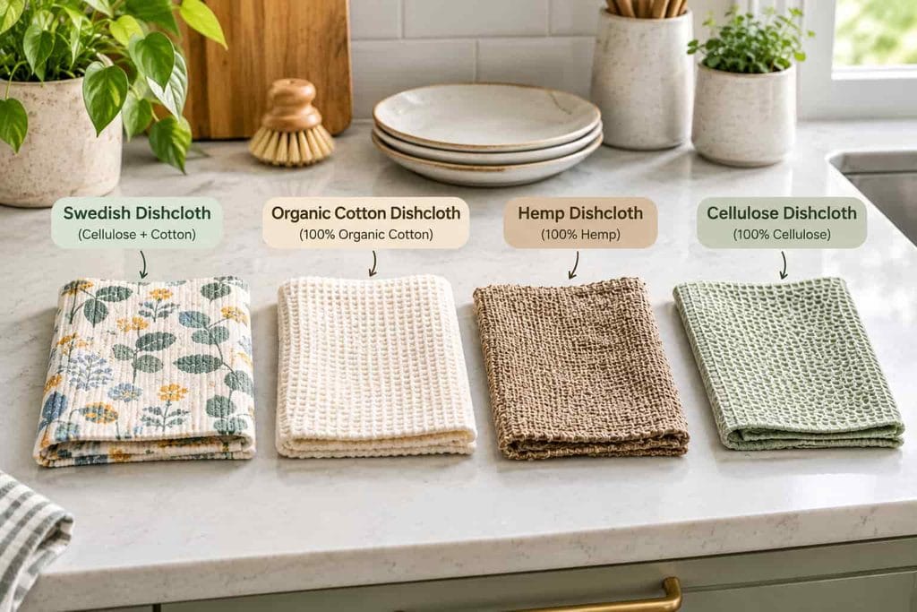 Four eco-friendly dishcloths arranged on a modern kitchen counter